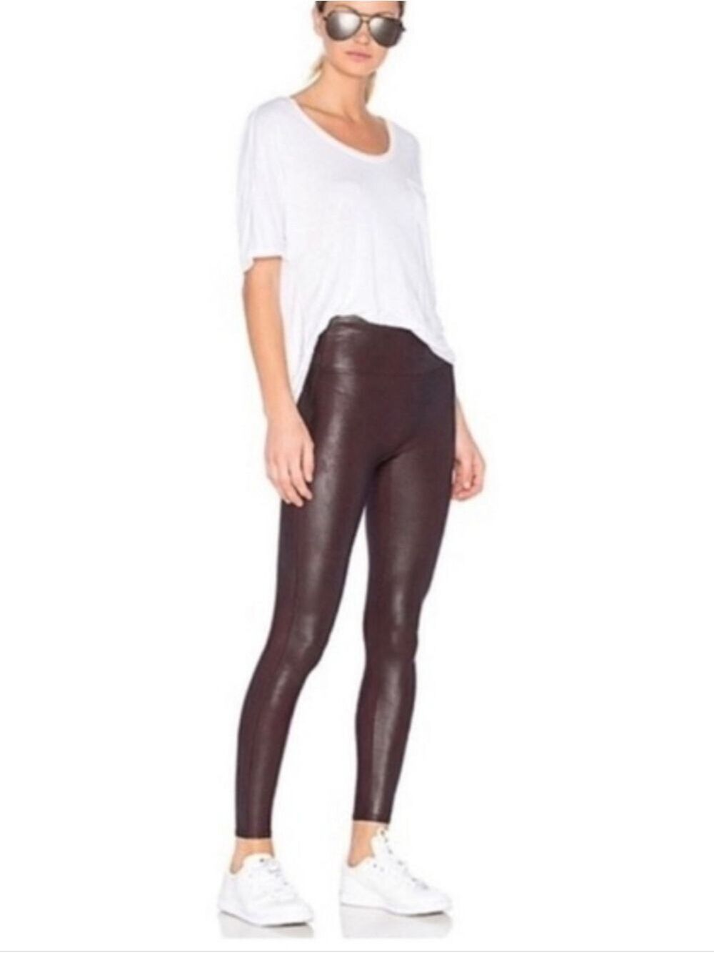 SPANX Leather-Like High-Rise Leggings in Burgundy Wine - Size L Power Waistband